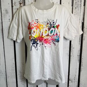 London England T-Shirt White Colorful Splatter Graphic Tee Women's Medium Unique